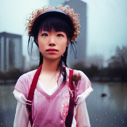 Prompt: 1990s perfect 8K HD professional cinematic photo of close-up japanese schoolgirl posing in postapocalyptic cityscape, at evening during rain, at instagram, Behance, Adobe Lightroom, with instagram filters, depth of field, taken with polaroid kodak portra