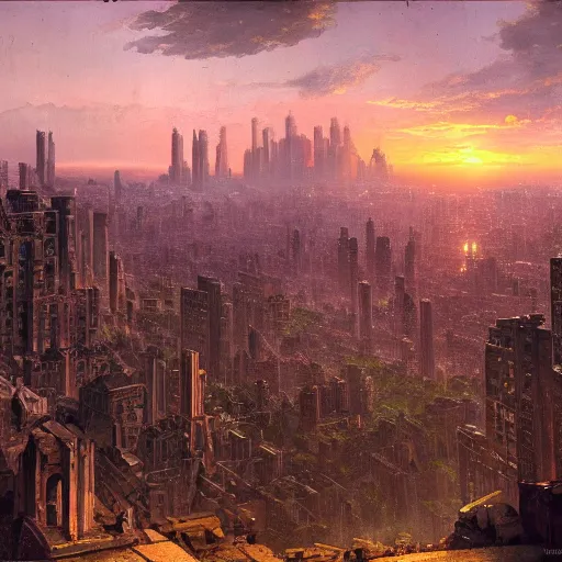 Prompt: vista of a city at sunset, the city is a sprawling renaissance city that is built amidst brutalist cyclopean architecture and overgrown by the rainforest, rpg, hubert robert, cityscape, vista, dying earth, gene wolfe