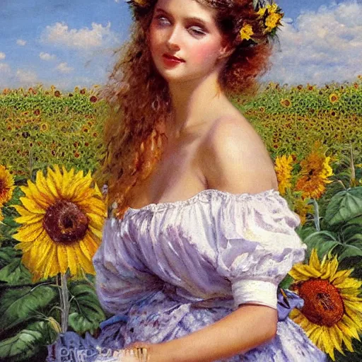 Image similar to a painting of a beautiful farm girl in a field of sunflowers, beautiful day, brushstrokes, by hans zatzka