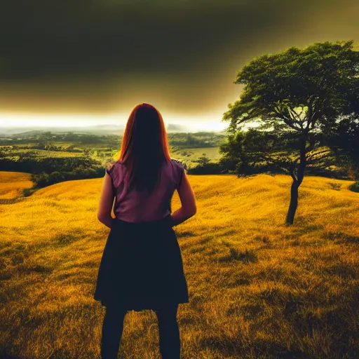 Image similar to woman in silhouette standing atop a hillside, yellow sky, green hills, trees, hinterland, artistic, intense, spooky