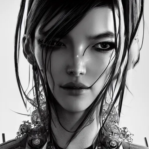 Image similar to closeup portrait of an absurdly beautiful, graceful, sophisticated, fashionable cyberpunk gravure idol, an ultrafine hyperdetailed illustration by kim jung gi, irakli nadar, matt wisniewski, fashion photography, intricate linework, porcelain skin, unreal engine 5 highly rendered, global illumination, radiant light, detailed and intricate environment