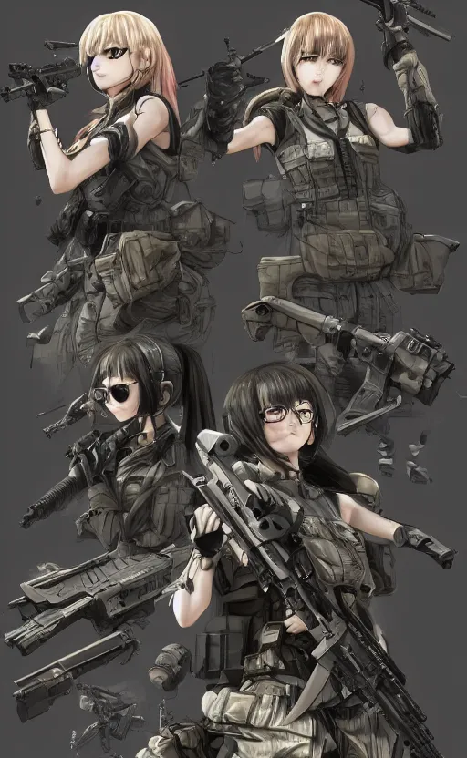 Prompt: highly detailed, high resolution, character design art, stunning, volumetric lightning, realistic guns, girls frontline style, matte, sharp focus, intricate, 150mm, illustration, artstation, by yoshihiro togashi, realistic human anatomy, simple design, realistic military gear, metal gear style