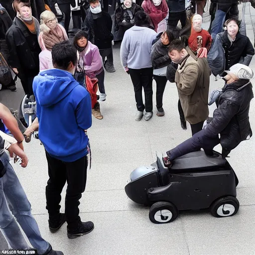 Image similar to car-manipulator picks up one person from a queue of people looking for a store