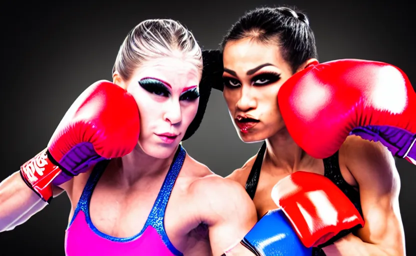 Image similar to girl boxing with drag queen, no blur, 4 k resolution, ultra detailed