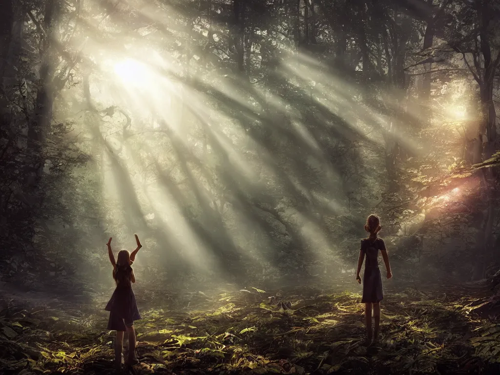 Prompt: the great beyond, sci - fi scene future new york, little girl holding a hand of a big robot, forest punk, crepuscular rays, epic scene, hyper realistic, photo realistic, overgrowth, cinematic atmosphere, ethereal lighting