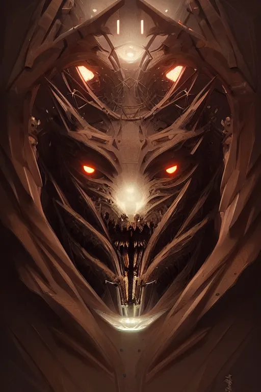 Image similar to professional concept art symmetrical portrait of a terrifying! mechanical predatory! fractal! species in a dark room by artgerm and greg rutkowski. an intricate, elegant, highly detailed digital painting, concept art, smooth, sharp focus, illustration, in the style of cam sykes.