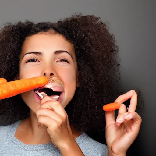 Prompt: a girl with a big teeth and she's eating a carrot photo - realistic