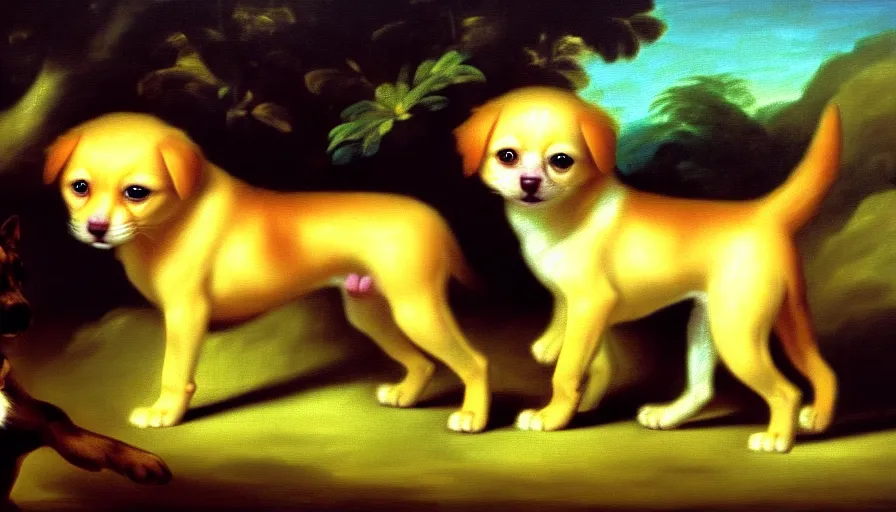 Image similar to a tropical dog dog kitten dog in the style of francisco goya, 4 k resolution, tropical background, tropical