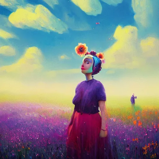 Image similar to girl with a flower face, surreal photography, dream, standing in flower field, magical, in a valley, sunrise dramatic light, impressionist painting, colorful clouds, artstation, simon stalenhag