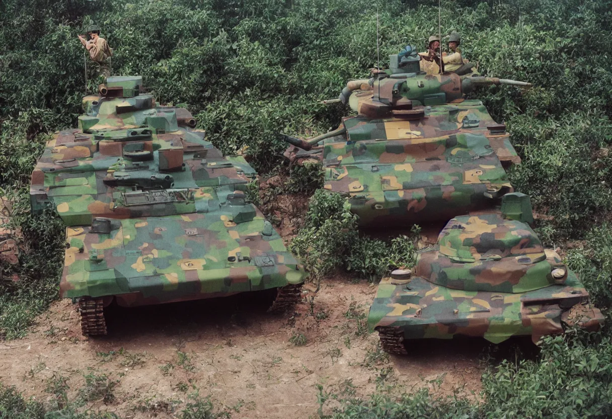 Prompt: colorful military pokemon tank, vietnam, post apocalyptic, shot on film,