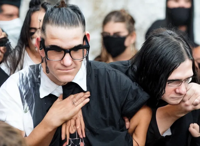 Image similar to Photo of Skrillex at a funeral performing on a coffin