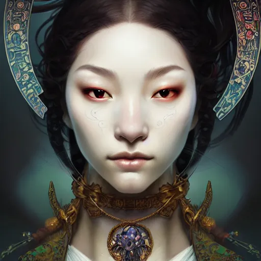 Prompt: Portrait of a female necromancer, japanese face features, fantasy, intricate, elegant, highly detailed, digital painting, artstation, concept art, smooth, sharp focus, illustration, art by Sam Youn and Fernanda Suarez and Artem Demura and alphonse mucha