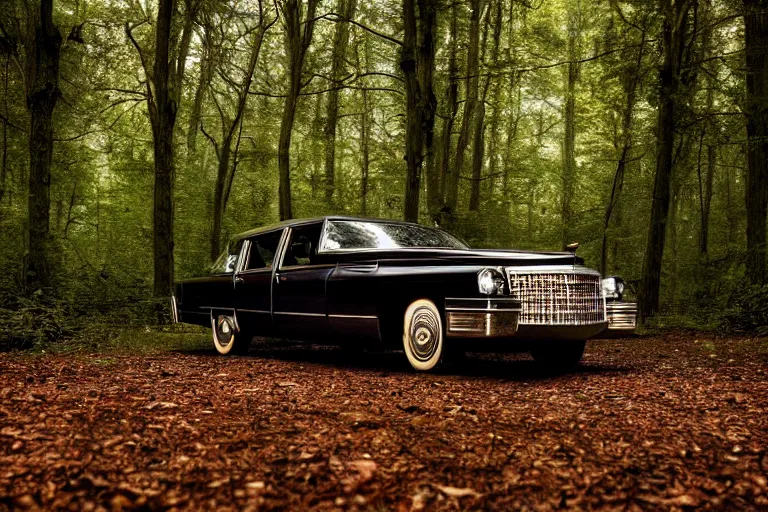 Prompt: a beautiful widescreen photo of a old cadillac upsidedown in a dark forest, mushrooms, in a dark forest low light, by dimitri mellos