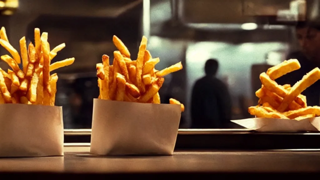 Prompt: the strange french fry creature at the fast food place, film still from the movie directed by denis villeneuve and david cronenberg with art direction by salvador dali, wide lens