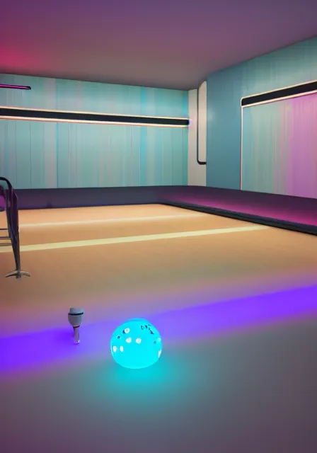 Image similar to pastel iridescent aesthetic 3d bowling alley at night, cinema 4d, digital art, octane renter, hd, 8k, hyperrealistic, highly detailed, trending on behance, in the style of blake kathyrn and James Turrell