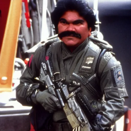 Image similar to George Lopez dressed as a Colonial Marine from Aliens (1986).