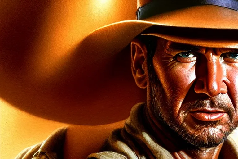 Image similar to hyperrealistic mixed media painting of Indiana Jones, perfect facial symmetry, dim volumetric lighting, 8k octane beautifully detailed render, post-processing, portrait, extremely hyper-detailed, intricate, epic composition, realistic eyes, cinematic lighting, masterpiece, trending on artstation, stunning, art by P. Craig Russell and Barry Windsor-Smith