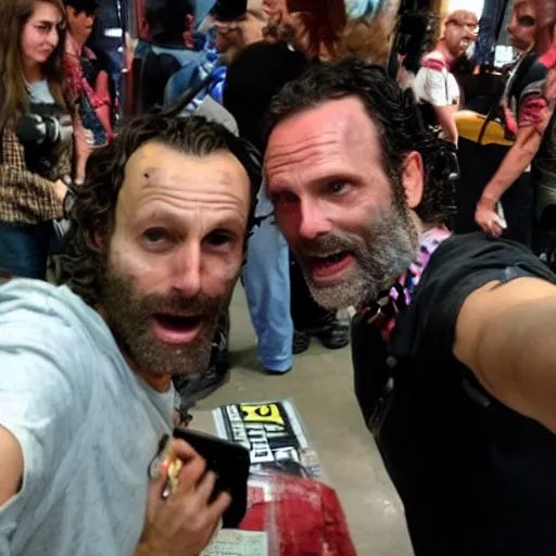 Image similar to selfie shot by a walking dead zombie with rick grimes at comic con