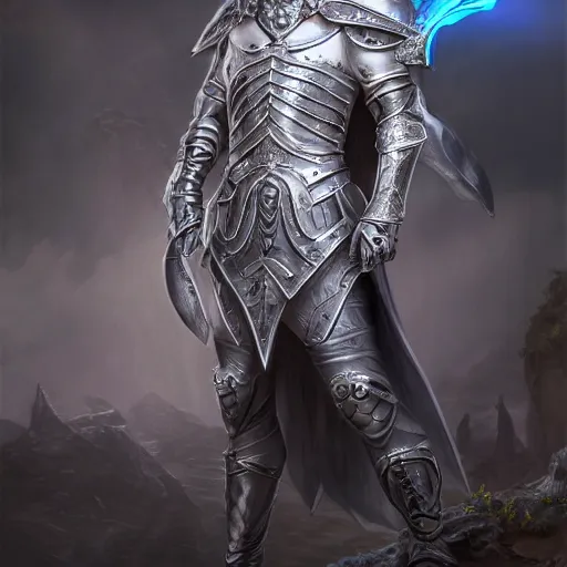 Prompt: handsome male snow elf in silver ornate armour, albino skin, elden ring, realistic, dnd character portrait, full body, dnd, rpg, lotr game design fanart by concept art, behance hd, artstation, deviantart, global illumination radiating a glowing aura global illumination ray tracing hdr render in unreal engine 5