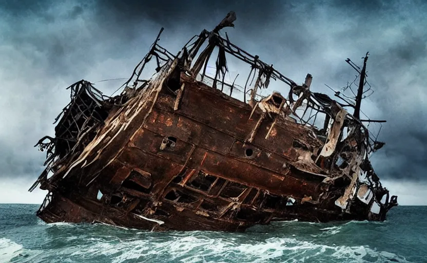 Image similar to “Pirate ship wreck falling from the sky, 4k, cinematic, award winning”