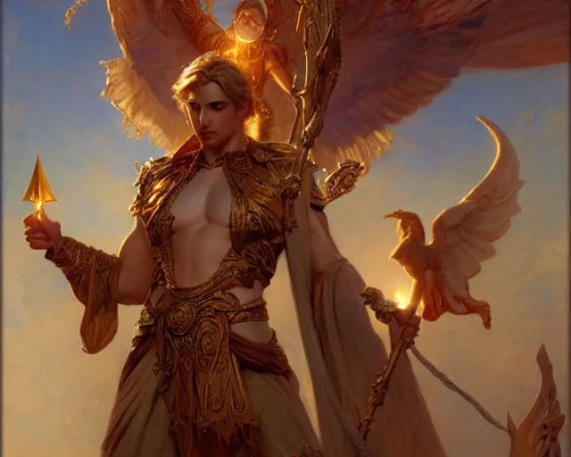 Prompt: attractive pagan male deity, casting magic, summoning handsome lucifer morning star. highly detailed painting by gaston bussiere, craig mullins, j. c. leyendecker 8 k