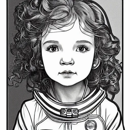 Image similar to clean simple line art of a cute little girl with short wavy curly hair. she is dressed as an astronaut. no background. well composed, clean coloring book page, beautiful detailed face. coloring book line art by artgerm and greg rutkowski and johanna basford and alphonse mucha