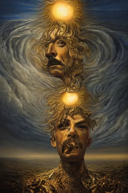 Prompt: Intricate stunning highly detailed Salvador Dali depicted as HammerFall’s lead vocalist, digital painting by agostino arrivabene and Vladimir Kush, surreal, ultra realistic, Horror vacui, dramatic lighting, full moon, thick black swirling smoke tornado, burning fire embers, artstation