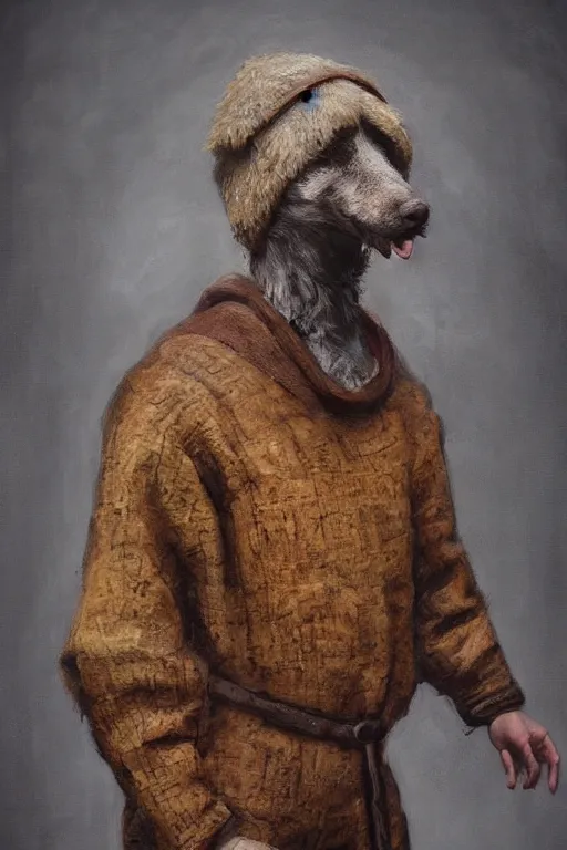 Prompt: slavic dog head man, woolen torso in medieval clothes, builds wooden house, oil painting,, concept art, hyperrealism, beautiful, high resolution, trending on artstation,