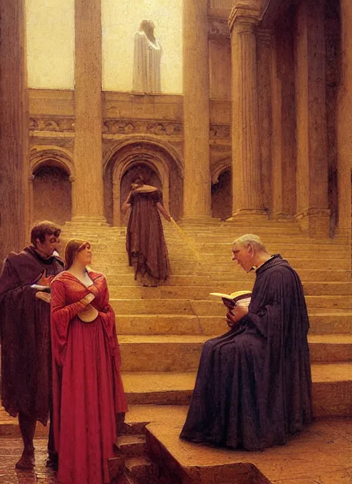 Prompt: dante and beatrice speak to the teachers of wisdom thomas aquinas from dante's divine comedy. highly detailed painting by gaston bussiere, craig mullins, j. c. leyendecker 8 k