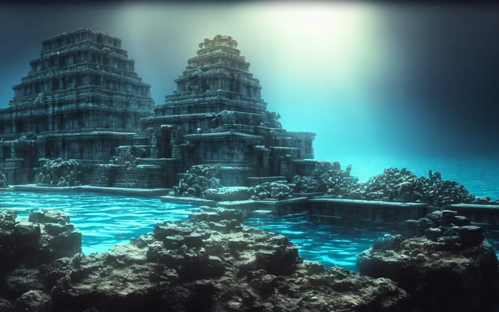 Image similar to ultrawide shot of submerged pre - incan temple, anime style mixed with fujifilm, dark, underwater, symmetrical, bubbles, abyss, dark, murky, foggy, atmospheric, crepuscular rays, artstation, cgsociety, octane render, cgi, unreal engine 5, denoise, detailed, cinematic masterpiece