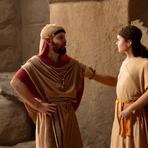 Image similar to cinematic still of 26 year old male in ancient Canaanite clothing meeting 18 year old female in ancient Canaanite clothing, dramatic lighting, establishing shot, high detail, Biblical epic directed by Wes Anderson