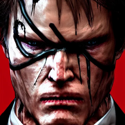 Image similar to Metal Gear Revengeance Raiden as The American Psycho, cinematic still, sweating hard