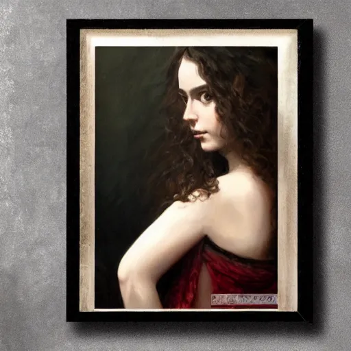 Prompt: oil painting of princess Vulvine, Hungarian, curly dark hair, fair skin, dark ominous, blurred background by Apelles of Kos, concept art, master, realism, romantism