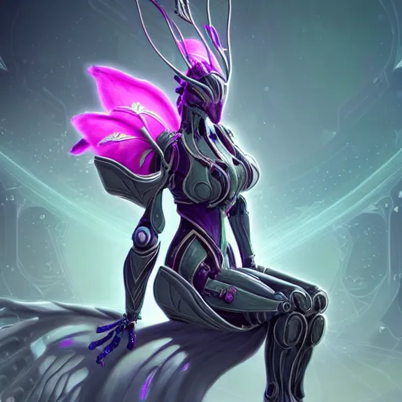 Image similar to highly detailed exquisite fanart, of a beautiful female warframe, but as an anthropomorphic robot dragon, sitting on a soft green sofa, with robot dragon head, doing an elegant pose, off-white plated armor, bright Fuchsia skin, full body shot, epic cinematic shot, realistic, professional digital art, high end digital art, DeviantArt, artstation, Furaffinity, 8k HD render, epic lighting, depth of field
