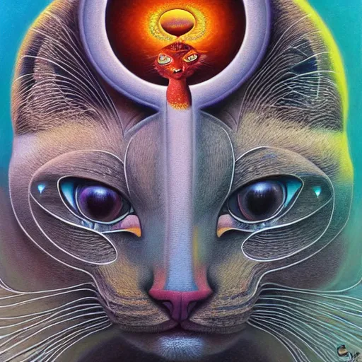 Image similar to a cat having an ego trip, by alex grey, by Esao Andrews and Karol Bak and Zdzislaw Beksinski and Zdzisław Beksiński, trending on ArtStation