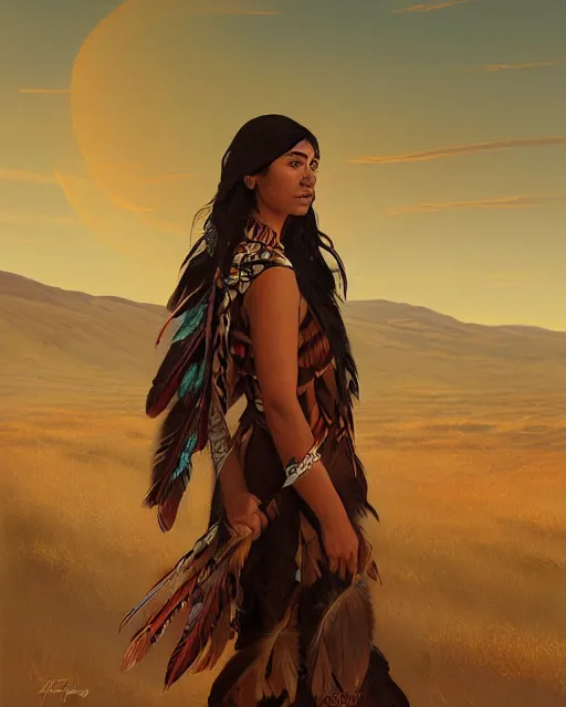 Prompt: the shadow, a gorgeous native American woman, a feather scarf, head ban with eagle feather, elk hide wrap and a bokeh western desert background at sunset, highly detailed, hard light digital painting, artstation, concept art, sharp focus, illustration, inspired by greg rutkowski and alphonse mucha and Felix Kelly