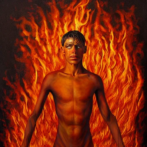 Image similar to a hyper realistic painting of a young fire - man, all body covered with a fire, by jeffrey smith, by andrea kowch