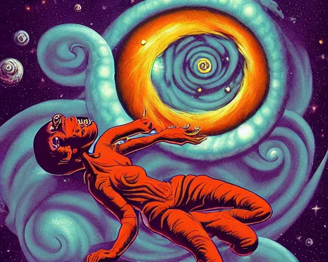 Image similar to the cast of izombie floating in a spiral galaxy, cosmic horror painting, elegant intricate digital painting artstation concept art by basil wolverton by robert crumb by william eggleston detailed