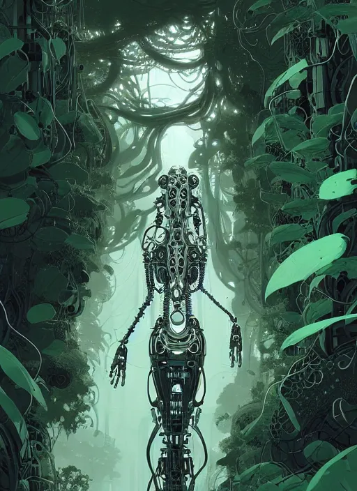 Image similar to highly detailed portrait of a biomechanical long curly white hair tribal lady, stray wiring by atey ghailan, james gilleard, by joe fenton, by greg rutkowski, by greg tocchini, by kaethe butcher, 4 k resolution, gradient green, black and white color scheme!!! ( ( forested robotic dense jungle background ) )