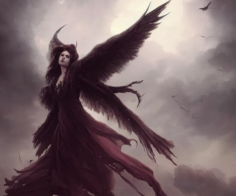 Prompt: a beautiful portrait of a fallen dark angel, horror, backlit, gloomy sky, highly detailed, elegant, digital painting, by greg rutkowski and peter mohrbacher and dan mumford and justin gerard, vivid colors, detailed shading, 8 k resolution, intricate, smooth