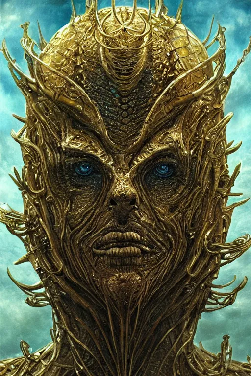 Prompt: majestic hive mind god portrait, elden ring, intricate artwork masterpiece, ominous, matte painting movie poster, golden ratio, trending on cgsociety, intricate, epic, trending on artstation, by h. r. giger and zdizslaw beksinski, highly detailed, vibrant, production cinematic character render, ultra high quality model