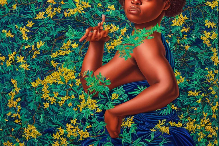 Image similar to a girl adventurer with iridescent skin by kehinde wiley