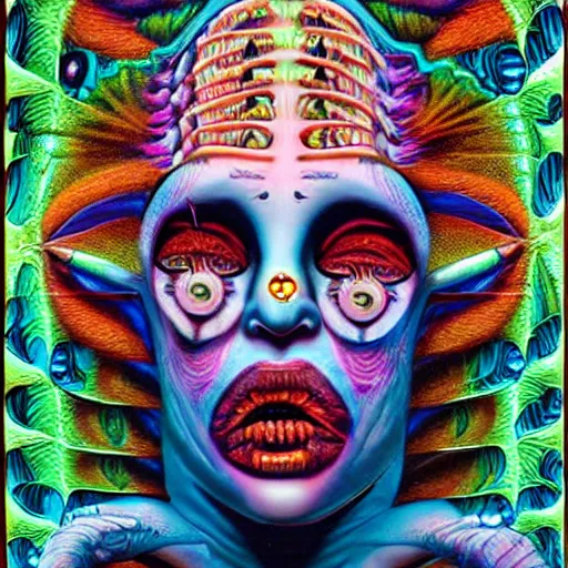 Image similar to hypercomplex floating horror head made out of blocks, submerged with psychedelic phantoms in fluid, horror art, surrounded by lush flora, by alex grey and lisa frank and karol bak and giger