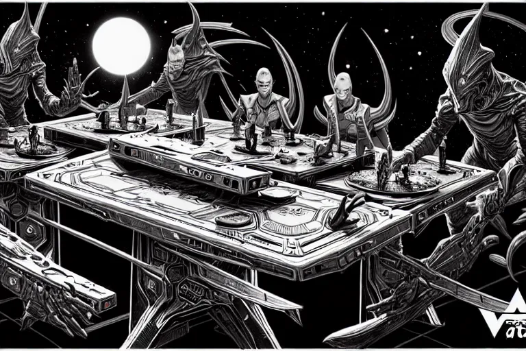 Image similar to a wizards table, high details, lineart, by vincent di fate and joe fenton, inking, etching, screen print, masterpiece, trending on artstation, sharp, high contrast, hyper - detailed,, hd, 4 k, 8 k