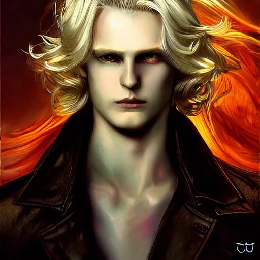 Image similar to digital art of a pale menacing male Cyborg Angel of Battle with long blond curls of hair and piercing eyes, johan liebert mixed with Dante, central composition, he commands the fiery power of resonance and wrath, very very long blond curly hair with bangs!!!, baroque curls, by James Gurney and Seb mckinnon and WLOP, Artstation, CGsociety