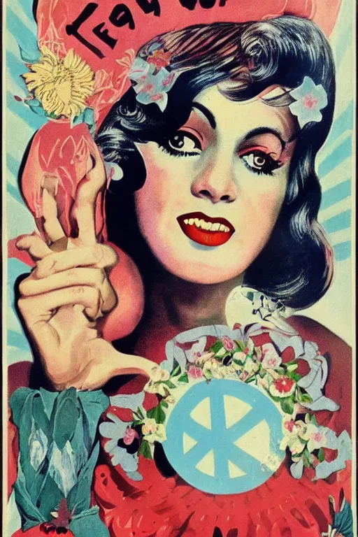 Image similar to poster for peace and love and harmony witch, 1 9 6 0 s