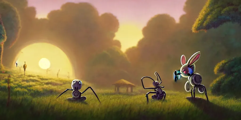 Prompt: a wholesome animation key sharp shot of a post apocalyptic 8 0's cute robotic bunny and spider, vegetation, warm evening light by studio ghibli, whole background on focus, animation, sharp, rendered in unreal engine 5, focused, anime key art by greg rutkowski, bloom, dramatic lighting