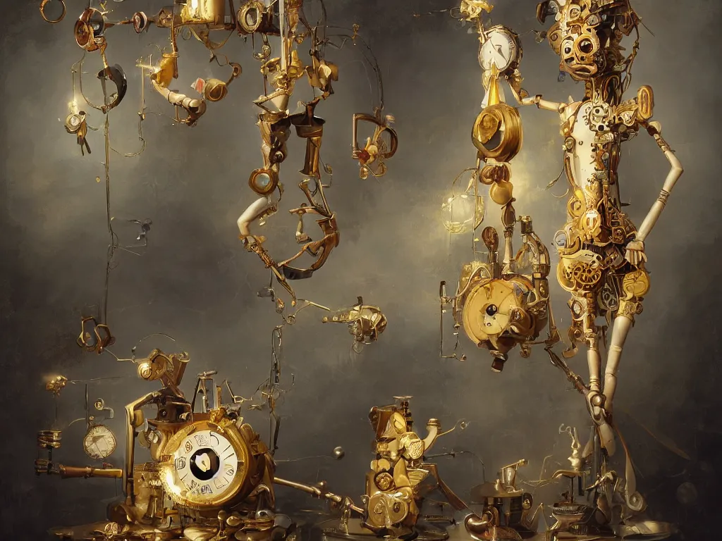 Prompt: a clockwork marionette made of fabric and gold by peter mohrbacher, photorealistic, puppet, strings, 8 k