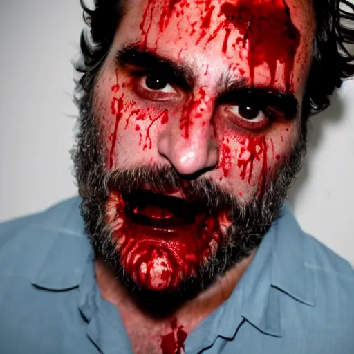 Image similar to joaquin phoenix with a crazed look and blood dripping from his face