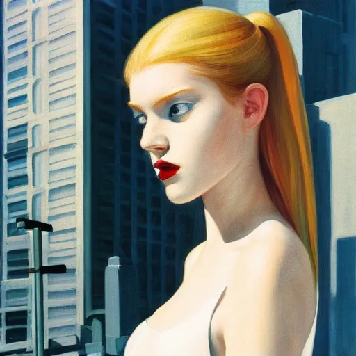 Image similar to Painting of a girl in a cyberpunk city, long blonde hair, delicate, pale milky white porcelain skin, by Edward Hopper. 8K. Extremely detailed.